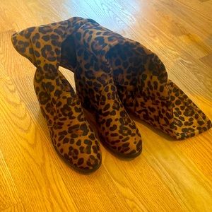 Leopard over the knee boots, low heel